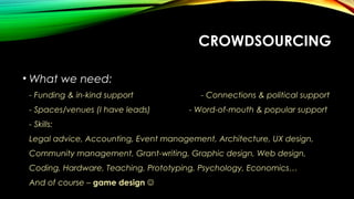 CROWDSOURCING
• What we need:
- Funding & in-kind support - Connections & political support
- Spaces/venues (I have leads) - Word-of-mouth & popular support
- Skills:
Legal advice, Accounting, Event management, Architecture, UX design,
Community management, Grant-writing, Graphic design, Web design,
Coding, Hardware, Teaching, Prototyping, Psychology, Economics…
And of course – game design 
 
