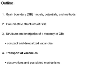 Oxygen vacancies dissociated on a screw dislocation
0
-0.2

∆E(eV)

-0.4
-0.6
-0.8
-1
-1.2
-1.4
-1.6
0

1

2

3

4

spacing between vacancy fragments

• Contribution to energy due to other factors

5

6

atoms colored
by number of
neighbors

 
