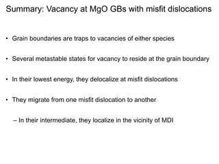 Migration rates change with twist angle
0.5-0.9 eV (?)

Schematic
10º Twist

7.5º Twist

7.5º Twist

0.2-0.3 eV

he
een t
tw
ce b e
n
es
Dista
creas
s in
ment
frag

localized at the MDI
(adjacent plane)

Dista

fragm

n ce b

ents i

1

For reference:
Barrier for vacancy migration in bulk MgO is 2.1 eV

etwee

n the
ncrea
ses

10º Twist

 