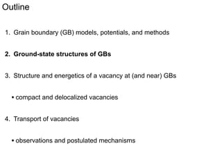 Outline
1 nm
1. Grain boundary (GB) models, potentials, and methods

2. Ground-state structures of GBs
3. Structure and energetics of a vacancy at (and near) GBs

• compact and delocalized vacancies
4. Transport of vacancies

• observations and postulated mechanisms

 