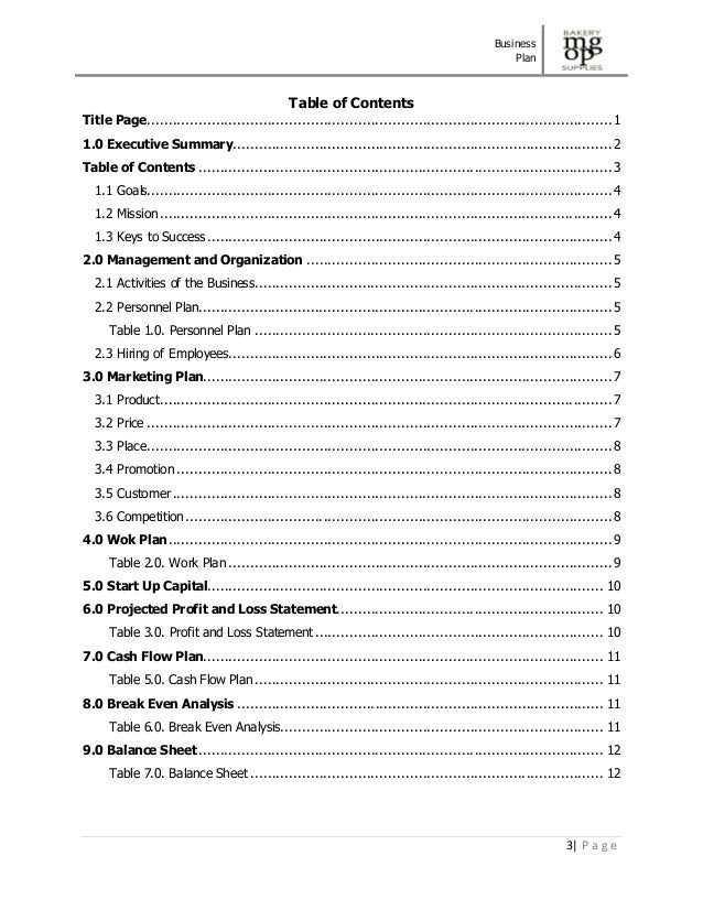 business plan table of contents sample