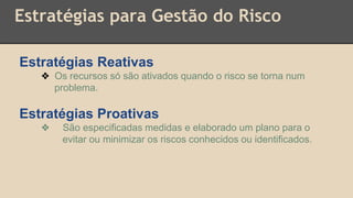 Estratégias para Gestão do Risco
Estratégias Reativas
❖ Os recursos só são ativados quando o risco se torna num
problema.
Estratégias Proativas
❖ São especificadas medidas e elaborado um plano para o
evitar ou minimizar os riscos conhecidos ou identificados.
 