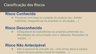 Classificação dos Riscos
Risco Conhecido
❖ Previsível com base no contexto do projecto (ex.: âmbito
indefinido; inexperiência da empresa ou da equipa; ...)
Risco Desconhecido
❖ Extrapolável de experiências ou projectos anteriores (ex.:
dificuldades de comunicação com o utilizador; flutuações na
equipa; ...)
Risco Não Antecipável
❖ Não é passível de previsão (ex.: uma virose ataca a equipa;
tremor de terra afecta o local de trabalho; ...)
 