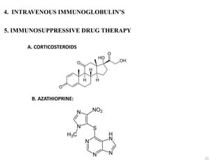 4. INTRAVENOUS IMMUNOGLOBULIN’S

5. IMMUNOSUPPRESSIVE DRUG THERAPY

      A. CORTICOSTEROIDS




       B. AZATHIOPRINE:




                                    15
 