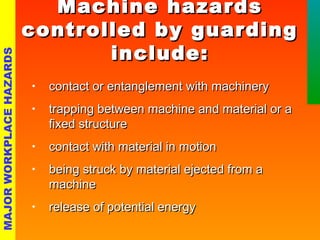 • ccoonnttaacctt oorr eennttaanngglleemmeenntt wwiitthh mmaacchhiinneerryy 
• ttrraappppiinngg bbeettwweeeenn mmaacchhiinnee aanndd mmaatteerriiaall oorr aa 
ffiixxeedd ssttrruuccttuurree 
• ccoonnttaacctt wwiitthh mmaatteerriiaall iinn mmoottiioonn 
• bbeeiinngg ssttrruucckk bbyy mmaatteerriiaall eejjeecctteedd ffrroomm aa 
mmaacchhiinnee 
• rreelleeaassee ooff ppootteennttiiaall eenneerrggyy 
MAJOR WORKPLACE HAZARDS 
MMaacchhiinnee hhaazzaarrddss 
ccoonnttrroolllleedd bbyy gguuaarrddiinngg 
iinncclluuddee:: 
 