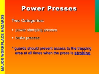 PPoowweerr PPrreesssseess 
TTwwoo CCaatteeggoorriieess:: 
· ppoowweerr ssttaammppiinngg pprreesssseess 
· bbrraakkee pprreesssseess 
** gguuaarrddss sshhoouulldd pprreevveenntt aacccceessss ttoo tthhee ttrraappppiinngg 
aarreeaa aatt aallll ttiimmeess wwhheenn tthhee pprreessss iiss ssttrrookkiinngg 
MAJOR WORKPLACE HAZARDS 
 