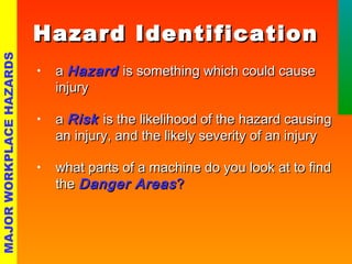 Hazard IIddeennttiiffiiccaattiioonn 
• aa HHaazzaarrdd iiss ssoommeetthhiinngg wwhhiicchh ccoouulldd ccaauussee 
iinnjjuurryy 
• aa RRiisskk iiss tthhee lliikkeelliihhoooodd ooff tthhee hhaazzaarrdd ccaauussiinngg 
aann iinnjjuurryy,, aanndd tthhee lliikkeellyy sseevveerriittyy ooff aann iinnjjuurryy 
• wwhhaatt ppaarrttss ooff aa mmaacchhiinnee ddoo yyoouu llooookk aatt ttoo ffiinndd 
tthhee DDaannggeerr AArreeaass?? 
MAJOR WORKPLACE HAZARDS 
 