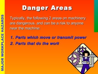 DDaannggeerr AArreeaass 
TTyyppiiccaallllyy,, tthhee ffoolllloowwiinngg 22 aarreeaass oonn mmaacchhiinneerryy 
aarree ddaannggeerroouuss,, aanndd ccaann bbee aa rriisskk ttoo aannyyoonnee 
nneeaarr tthhee mmaacchhiinnee:: 
11.. PPaarrttss wwhhiicchh mmoovvee oorr ttrraannssmmiitt ppoowweerr 
22.. PPaarrttss tthhaatt ddoo tthhee wwoorrkk 
MAJOR WORKPLACE HAZARDS 
 