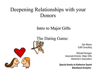 Deepening Relationships with your Donors Dan Macey DJM Consulting Michael Donegan Associate Director, Major Gifts Alzheimer’s Association Special thanks to Katherine Swank Blackbaud Analytics   Intro to Major Gifts The Dating Game:  