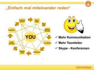 „Einfach mal miteinander reden“




                        Mehr Kommunikation
                        Mehr Teamleiter
                        Skype - Konferenzen
 