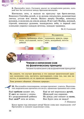 16
Â.
ðûé ìîã áû ñîñòîÿòüñÿ ìåæäó áðàòüÿìè-ìåñÿöàìè.
Êîí÷èëîñü ëåòî, è âûøëè íà ïðîãóëêó òðè áðàòà-ìåñÿöà.
Âçìàõíóë Ñåíòÿáðü ðóêîé, è èç ðóêàâà ïîñûïàëèñü ðàçíîöâåòíûå
ñòðîãèé, âçìàõíóë ðóêàâîì, íàõìóðèëîñü íåáî, è ïåðâûé ñíåã
õëîïüÿìè óêðàñèë êàæä
Ïî
×òåíèå è íàïèñàíèå ñëîâ
ïî ôîíåòè÷åñêîìó ïðèíöèïó
Âû óçíàåòå, ÷òî èçó÷àåò ôîíåòèêà è ÷òî îçíà÷àåò ôîíåòè÷åñêèé ïðèí-
öèï íàïèñàíèÿ ñëîâ, íàó÷èòåñü ïðîãîâàðèâàòü ñëîâà òàê, êàê îíè ïè-
øóòñÿ, è ïðîèçíîñèòü èõ ïî ïðàâèëàì ïðîèçíîøåíèÿ.
Òåìà ðå÷åâîãî îáùåíèÿ: «Îñåííÿÿ ïðèðîäà».
28. Ïîñëóøàéòå ñòèõîòâîðåíèå, êîòîðîå ïðî÷èòàåò ó÷èòåëü. Ïîäãîòîâü-
òåñü âûðàçèòåëüíî ïðî÷èòàòü åãî âñëóõ, ïðàâèëüíî ïðîèçíîñÿ âñå ñëîâà.
ãðèáàìè ðó÷åé,
È ëèñò íå ñíÿëñÿ ó îñèíû. Æèâóùèé ïîä êîðíÿìè.
È ñ ðàçðóìÿíåííîé ðÿáèíû Íî äîæäü óæå ñïåøèò çà íàìè,
çíîé ëåòà íå èñ÷åç. Êàê áóäòî ëåñà íå âèäàë!
Ïðî÷èòàéòå è ñïèøèòå âûäåëåííûå ñëîâà.
4
 