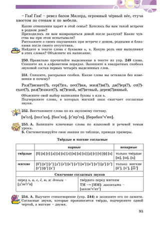 95
õâîñòîì ïî ñòåíàì è ïî ìåáåëè.
-
Ðàññêàæèòå î ñâîèõ îùóùåíèÿõ ïðè âñòðå÷å ñ äîìîì, ðîäíûìè è áëèç-
êèìè ïîñëå ñâîåãî îòñóòñòâèÿ.
Íàéäèòå â òåêñòå ñëîâà ñ áóêâàìè , ú
250. Ïðàâèëüíî ïðî÷èòàéòå âûäåëåííûå â òåêñòå èç óïð. 249 ñëîâà.
Ñïèøèòå èõ â àëôàâèòíîì ïîðÿäêå. Çàïèøèòå â êâàäðàòíûõ ñêîáêàõ
251. Ñïèøèòå, ðàñêðûâàÿ ñêîáêè. Êàêèå ñëîâà âû îñòàâèëè áåç èçìå-
ú èëè .
Ïîä÷åðêíèòå ñëîâà, â êîòîðûõ ìÿãêèé çíàê ñìÿã÷àåò ñîãëàñíûå
çâóêè.
252. Âîññòàíîâèòå ñëîâà ïî èõ çâóêîâîìó ñîñòàâó.
[ì’îë], [ïîë’êà], [áàí’êà], [ñ’èð’ãà], [áàðàáàí’÷’èê].
253. À.
óðîêà.
Á. Ñèñòåìàòèçèðóéòå ñâîè çíàíèÿ ïî òàáëèöå, ïðèâîäÿ ïðèìåðû.
ïàðíûå íåïàðíûå
[á] [â] [ã] [ä] [ç] [ê] [ë] [ì] [í] [ï] [ð] [ñ] [ò] [ô] [õ]
[æ], [ø], [ö]
ìÿãêèå [á’] [â’] [ã’] [ä’] [ç’] [ê’] [ë’] [ì’] [í’] [ï’] [ð’] [ñ’]
[ò’] [ô’] [õ’]
òîëüêî ìÿãêèå
[é’], [÷’], [ø–’]
Ñìÿã÷åíèå ñîãëàñíûõ çâóêîâ
ïåðåä :
[ä’ýí’ã’è] ÒÌ [ÌÌ]:
[çàêîí’÷’èò’]
254. À. Âûó÷èòå ñòèõîòâîðåíèå (óïð. 244) è çàïèøèòå åãî ïî ïàìÿòè.
÷åðòîé, à ìÿãêèå – äâóìÿ.
 