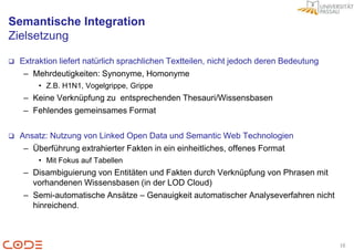 Semantische Integration
Zielsetzung

   Extraktion liefert natürlich sprachlichen Textteilen, nicht jedoch deren Bedeutung
     – Mehrdeutigkeiten: Synonyme, Homonyme
         • Z.B. H1N1, Vogelgrippe, Grippe
     – Keine Verknüpfung zu entsprechenden Thesauri/Wissensbasen
     – Fehlendes gemeinsames Format

   Ansatz: Nutzung von Linked Open Data und Semantic Web Technologien
     – Überführung extrahierter Fakten in ein einheitliches, offenes Format
         • Mit Fokus auf Tabellen
     – Disambiguierung von Entitäten und Fakten durch Verknüpfung von Phrasen mit
       vorhandenen Wissensbasen (in der LOD Cloud)
     – Semi-automatische Ansätze – Genauigkeit automatischer Analyseverfahren nicht
       hinreichend.



                                                                                         16
 