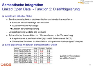 Semantische Integration
Linked Open Data - Funktion 2: Disambiguierung
   Ansatz und aktueller Status
     – Semi-automatische Annotation mittels maschineller Lernverfahren
        • Benutzer erhält Vorschläge zu Annotation
        • Akzeptiert/verwirft Vorschläge
        Adaption der Disambiguierung
    – Unterschiedliche Modelle pro Domäne
    – Automatische Konstruktion von Wissensbasen unter Verwendung
        • Regelbasierter Auswahlverfahren (e.g. spezif. Schemata wie SKOS)
        • Statistischer Verfahren zur Identifikation von qualitative hochwertigen Konzepten
   Erste Ergebnisse im Bereich Biomedizinischer Daten



                                                                Qualität der Wissensbasis
                                                                als größtes Problem


                                                                                              21
 