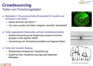 Crowdsourcing
Teilen von Forschungsdaten

   Metadaten f. Provenance/Herkunft essentiell für Qualität und
    Vertrauen in die Daten
     – Woher kommen die Daten?
     – Von wem wurden die Daten integriert, annotiert, bearbeitet?

   Teilen aggregierter Datensätze und der Annotationsmodelle
     – Direkte Verwendung der Ergebnisse anderer Forscher-
        gruppen in der eigenen Arbeit
     – Verwendung von Annotationsmodellen auf eigenen Daten

   Teilen der visuellen Analyse
     – Kollaborative Analyse der Visualisierung
     – Zugriff auf den Visualisierung zugrunde liegenden
        Rohdaten


                                                                     32
 