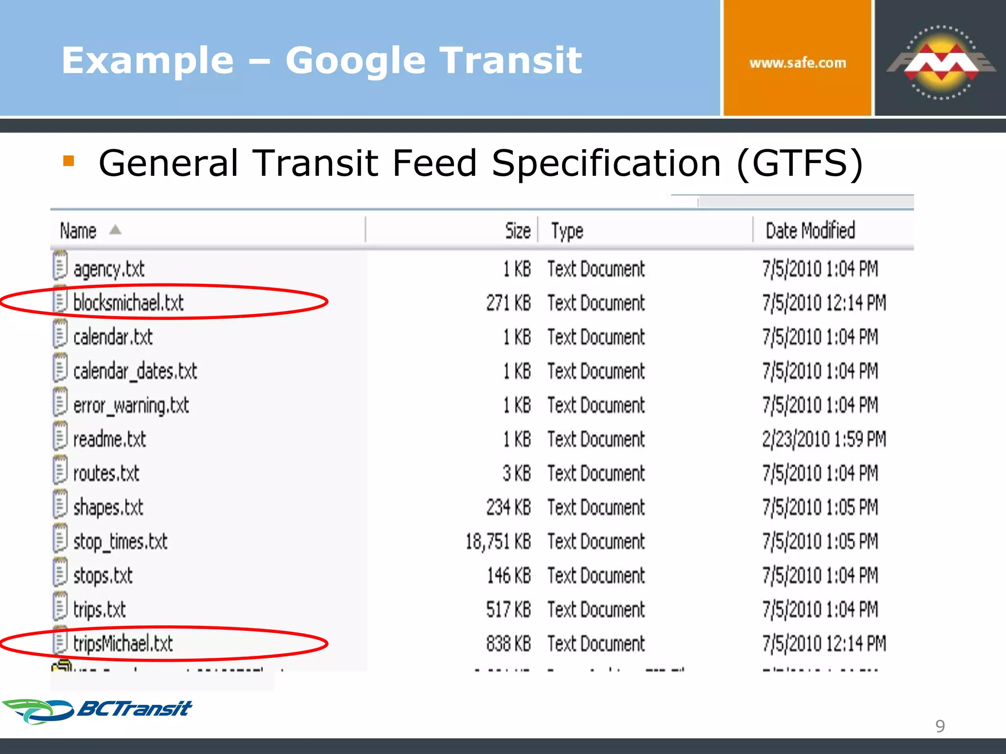 Example – Google Transit General Transit Feed Specification (GTFS) 