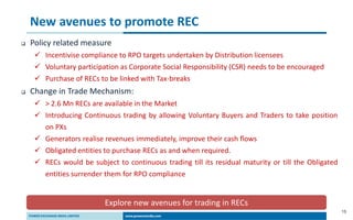13
New avenues to promote REC
 Policy related measure
 Incentivise compliance to RPO targets undertaken by Distribution licensees
 Voluntary participation as Corporate Social Responsibility (CSR) needs to be encouraged
 Purchase of RECs to be linked with Tax-breaks
 Change in Trade Mechanism:
 > 2.6 Mn RECs are available in the Market
 Introducing Continuous trading by allowing Voluntary Buyers and Traders to take position
on PXs
 Generators realise revenues immediately, improve their cash flows
 Obligated entities to purchase RECs as and when required.
 RECs would be subject to continuous trading till its residual maturity or till the Obligated
entities surrender them for RPO compliance
Explore new avenues for trading in RECs
 