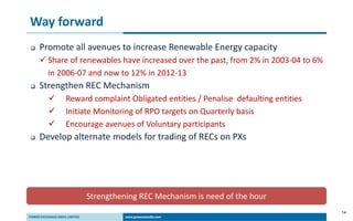 14
Way forward
 Promote all avenues to increase Renewable Energy capacity
 Share of renewables have increased over the past, from 2% in 2003-04 to 6%
in 2006-07 and now to 12% in 2012-13
 Strengthen REC Mechanism
 Reward complaint Obligated entities / Penalise defaulting entities
 Initiate Monitoring of RPO targets on Quarterly basis
 Encourage avenues of Voluntary participants
 Develop alternate models for trading of RECs on PXs
Strengthening REC Mechanism is need of the hour
 