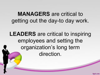 MANAGERS are critical to
getting out the day-to day work.
LEADERS are critical to inspiring
employees and setting the
organization’s long term
direction.

 