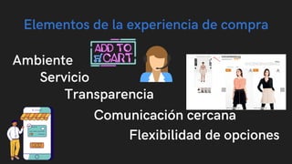 Elementos de la experiencia de compra
Ambiente
Servicio
Transparencia
Flexibilidad de opciones
Comunicación cercana
 