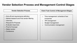 o Kick-off and requirements definition
o Market research and First vendor filtering
o Interview,
o Request for Proposal
o Evaluate responses
o Proof of Concept
o Select vendor
o Conference
o Time management: schedule of two
companies
o HR management
o Budget management
o Communication management
Vendor Selection Process and Management Control Stages
Vendor Selection Process Client Took Control of Management Stages
 