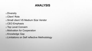 ANALYSIS
oDiversity
oClient’ Role
oSmall client VS Medium Size Vendor
oCEO Emphasis
oTop Level Concern
oMotivation for Cooperation
oKnowledge Gap
oLimitations on Self reflective Methodology
 