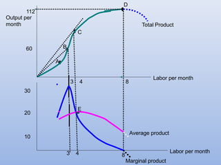 A
C
B
Total Product
Labor per month
8
8
3 4
3 4
E
Average product
Marginal product
112
Output per
month
Labor per month
60
30
20
10
D
 