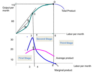 A
C
B
Total Product
Labor per month
3
8
8
4
3
E
Average product
Marginal product
112
Output per
month
Labor per month
60
30
20
10
D
First Stage
4
Second Stage
Third Stage
 