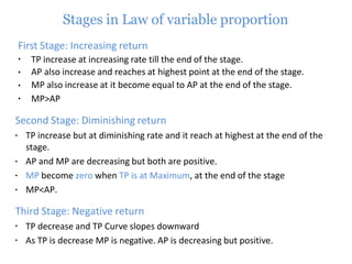 Stages in Law of variable proportion
First Stage: Increasing return
▪
▪
▪
▪
TP increase at increasing rate till the end of the stage.
AP also increase and reaches at highest point at the end of the stage.
MP also increase at it become equal to AP at the end of the stage.
MP>AP
Second Stage: Diminishing return
▪ TP increase but at diminishing rate and it reach at highest at the end of the
stage.
▪ AP and MP are decreasing but both are positive.
▪ MP become zero when TP is at Maximum, at the end of the stage
▪ MP<AP.
Third Stage: Negative return
▪
▪
TP decrease and TP Curve slopes downward
As TP is decrease MP is negative. AP is decreasing but positive.
 