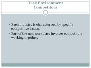 Task Environment
Competitors
 Each industry is characterized by specific
competitive issues.
 Part of the new workplace involves competitors
working together.
 