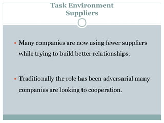 Task Environment
Suppliers
 Many companies are now using fewer suppliers
while trying to build better relationships.
 Traditionally the role has been adversarial many
companies are looking to cooperation.
 