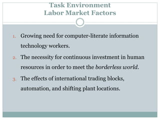 Task Environment
Labor Market Factors
1. Growing need for computer-literate information
technology workers.
2. The necessity for continuous investment in human
resources in order to meet the borderless world.
3. The effects of international trading blocks,
automation, and shifting plant locations.
 