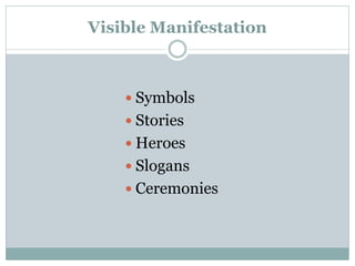 Visible Manifestation
 Symbols
 Stories
 Heroes
 Slogans
 Ceremonies
 