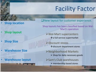  The process of determining product quantity needed by a firm to meet the demand of consumers.Essential elements of Capacity PlanningAmong all elements for capacity planning, followings are essential for Wal-Mart:  Facility