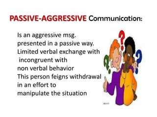 PASSIVE-AGGRESSIVE Communication:
 Is an aggressive msg.
 presented in a passive way.
 Limited verbal exchange with
  incongruent with
 non verbal behavior
 This person feigns withdrawal
 in an effort to
 manipulate the situation
 