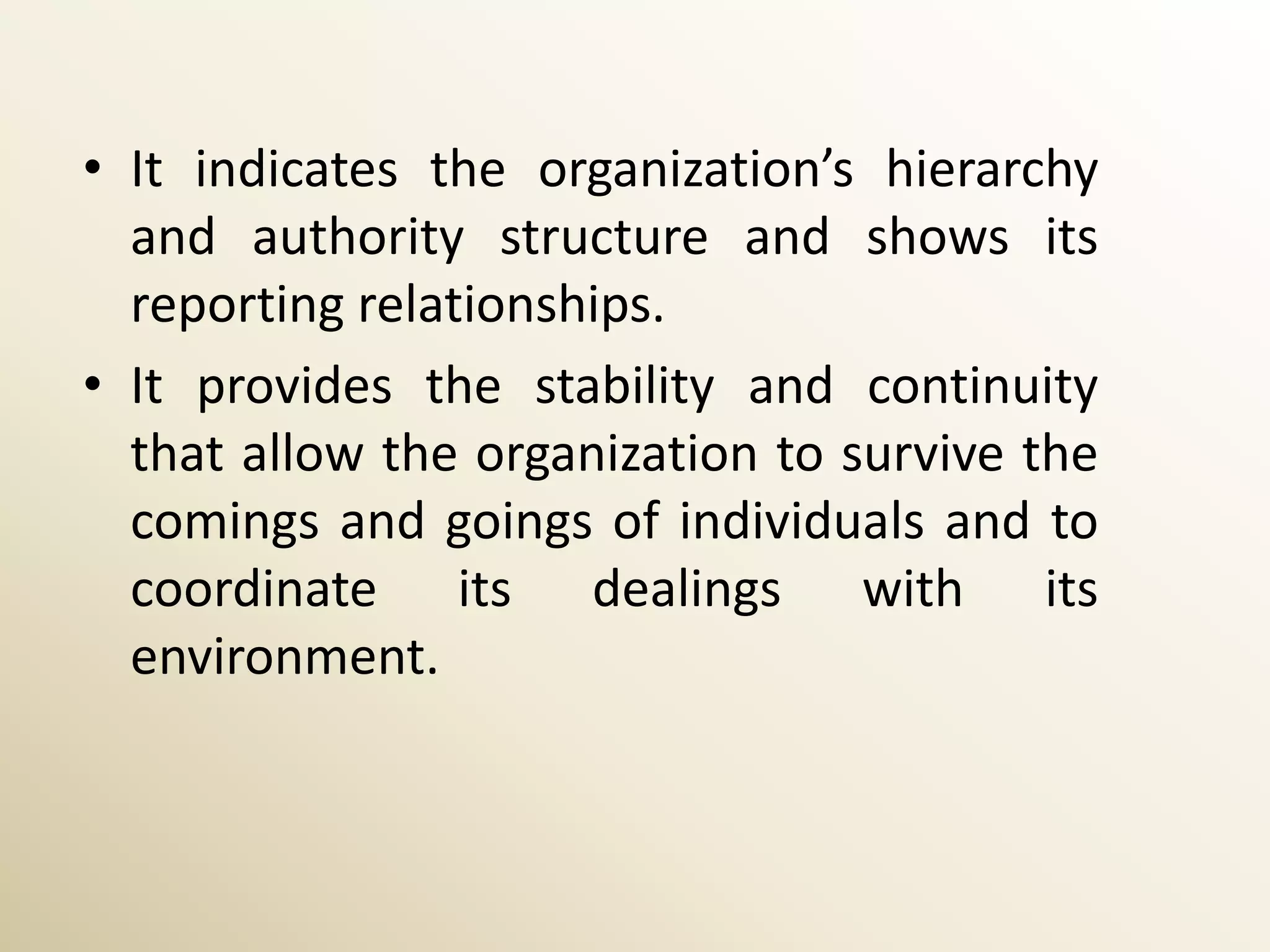 • It indicates the organization’s hierarchy
  and authority structure and shows its
  reporting relationships.
• It provides the stability and continuity
  that allow the organization to survive the
  comings and goings of individuals and to
  coordinate its dealings with its
  environment.
 