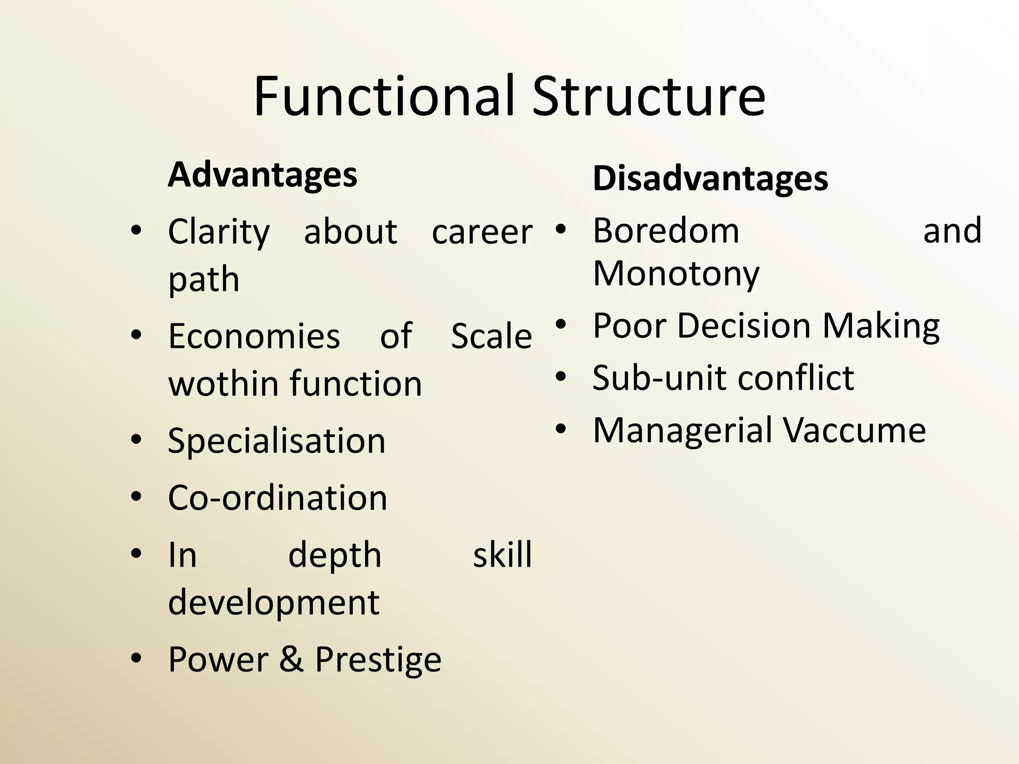 Functional Structure
    Advantages                   Disadvantages
•   Clarity about career     •   Boredom            and
    path                         Monotony
•   Economies of Scale       •   Poor Decision Making
    wothin function          •   Sub-unit conflict
•   Specialisation           •   Managerial Vaccume
•   Co-ordination
•   In      depth    skill
    development
•   Power & Prestige
 