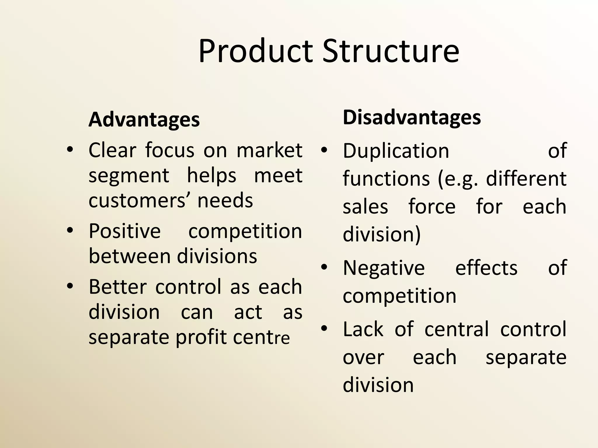 Product Structure
  Advantages               Disadvantages
• Clear focus on market • Duplication             of
  segment helps meet       functions (e.g. different
  customers’ needs         sales force for each
• Positive competition     division)
  between divisions
                         • Negative effects of
• Better control as each   competition
  division can act as
  separate profit centre • Lack of central control
                           over each separate
                           division
 
