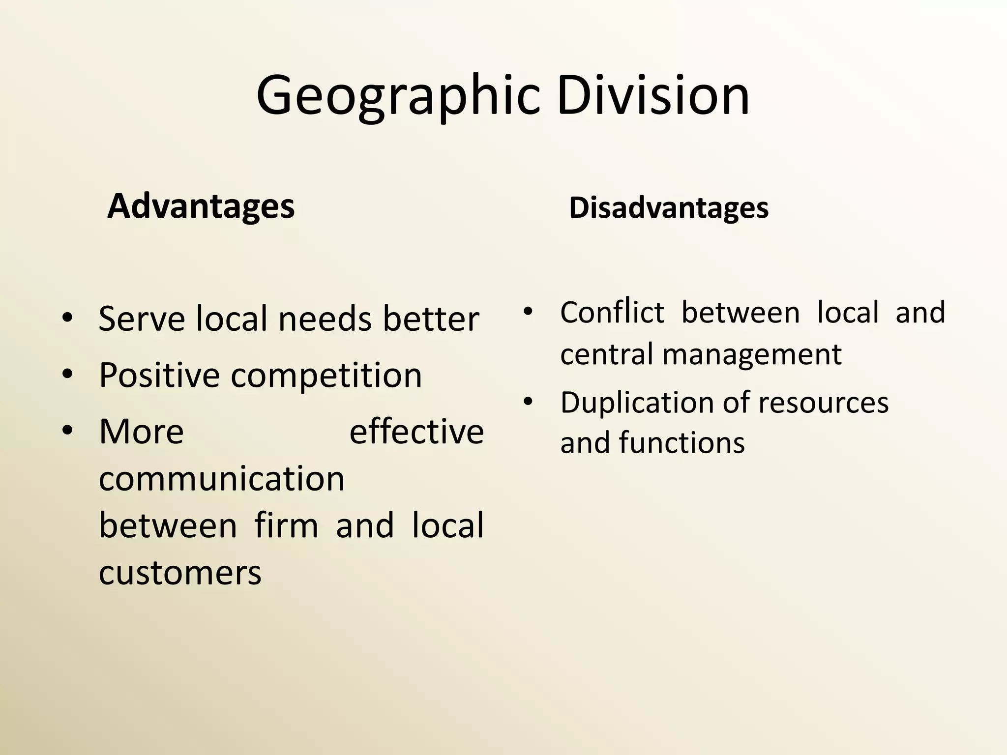 Geographic Division
  Advantages                   Disadvantages


• Serve local needs better • Conflict between local and
                              central management
• Positive competition
                            • Duplication of resources
• More            effective   and functions
  communication
  between firm and local
  customers
 