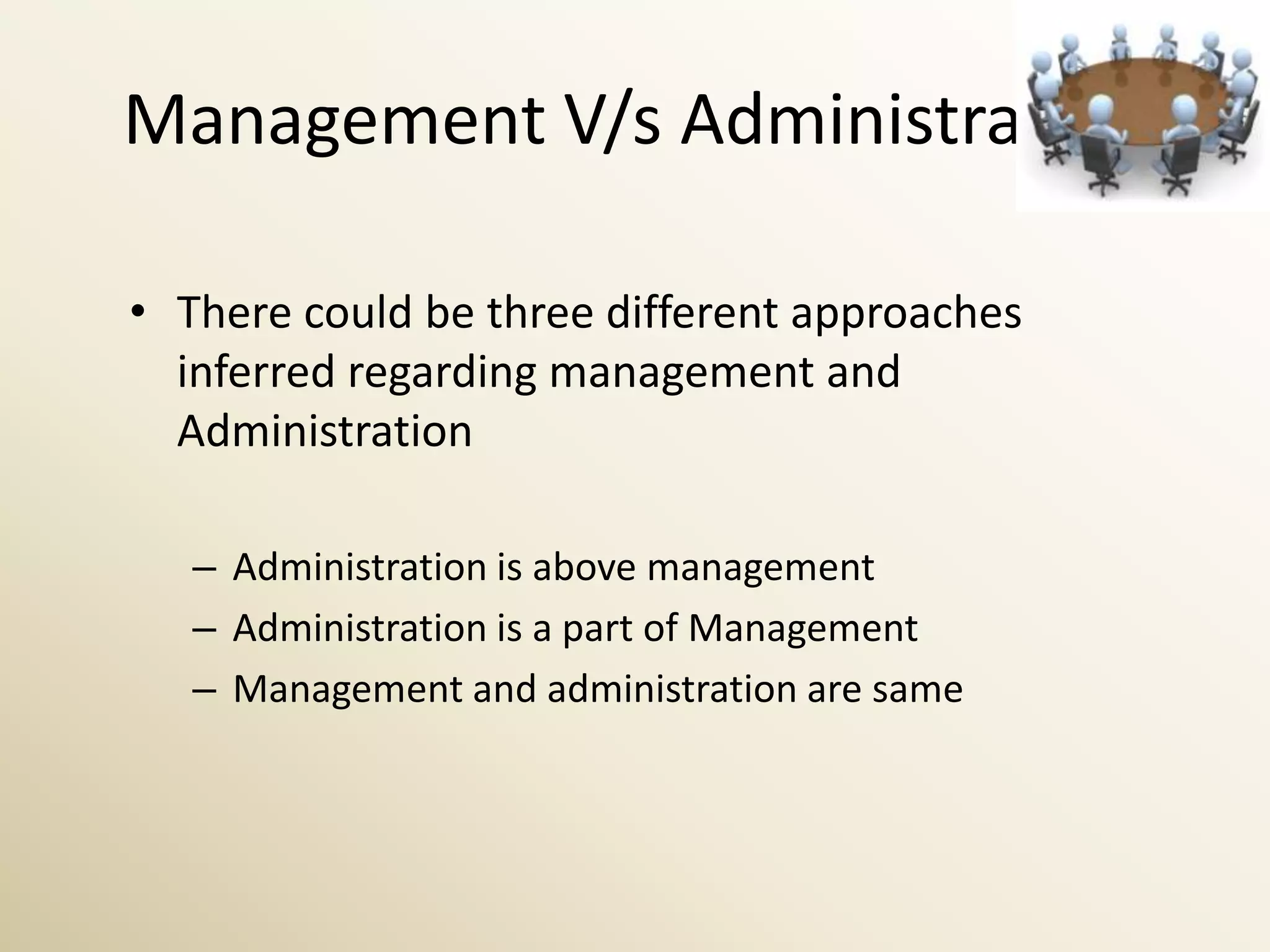 Management V/s Administration

• There could be three different approaches
  inferred regarding management and
  Administration

   – Administration is above management
   – Administration is a part of Management
   – Management and administration are same
 