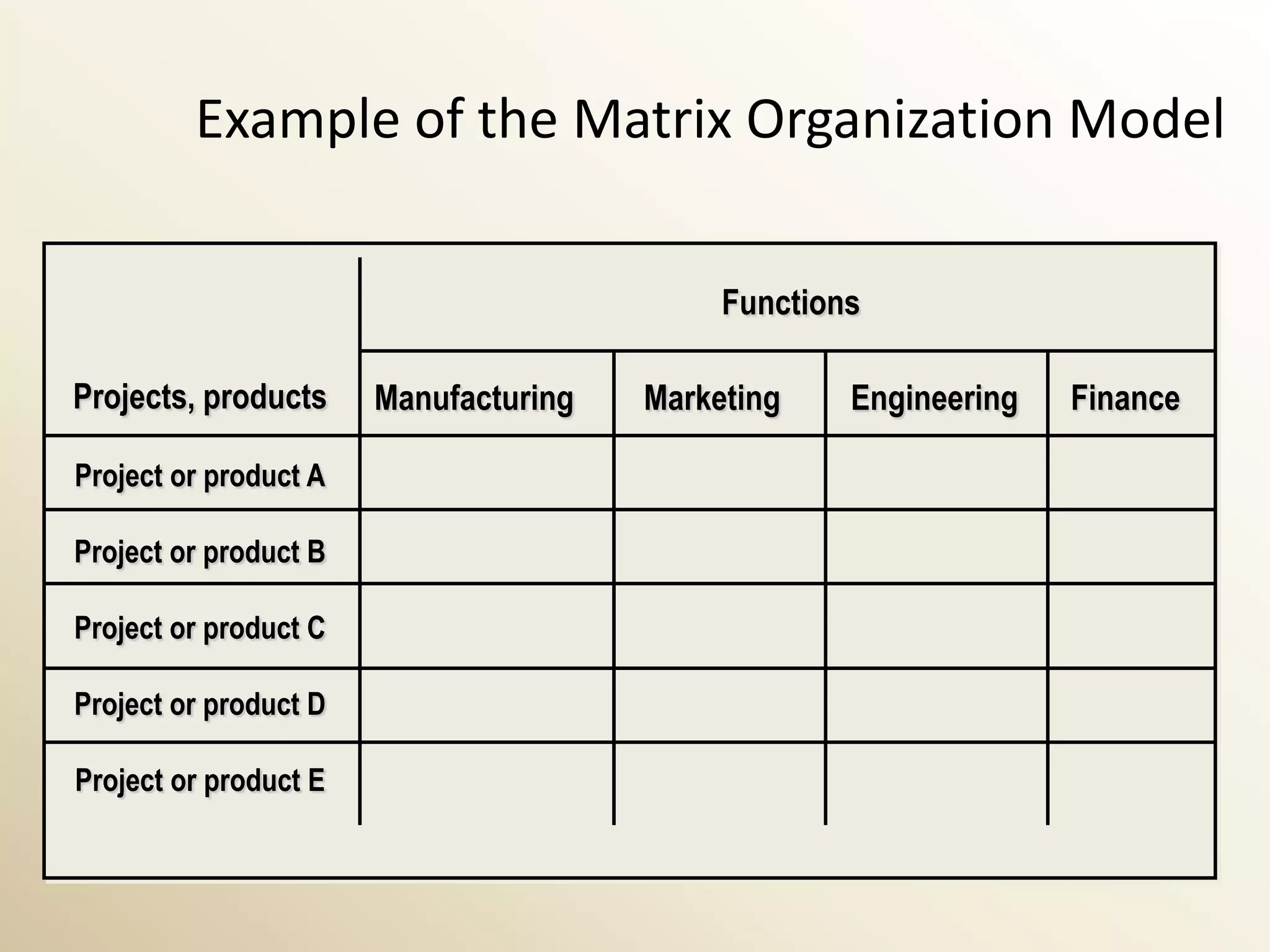 Example of the Matrix Organization Model

                                            Functions

Projects, products     Manufacturing   Marketing    Engineering   Finance

Project or product A

Project or product B

Project or product C

Project or product D

Project or product E
 