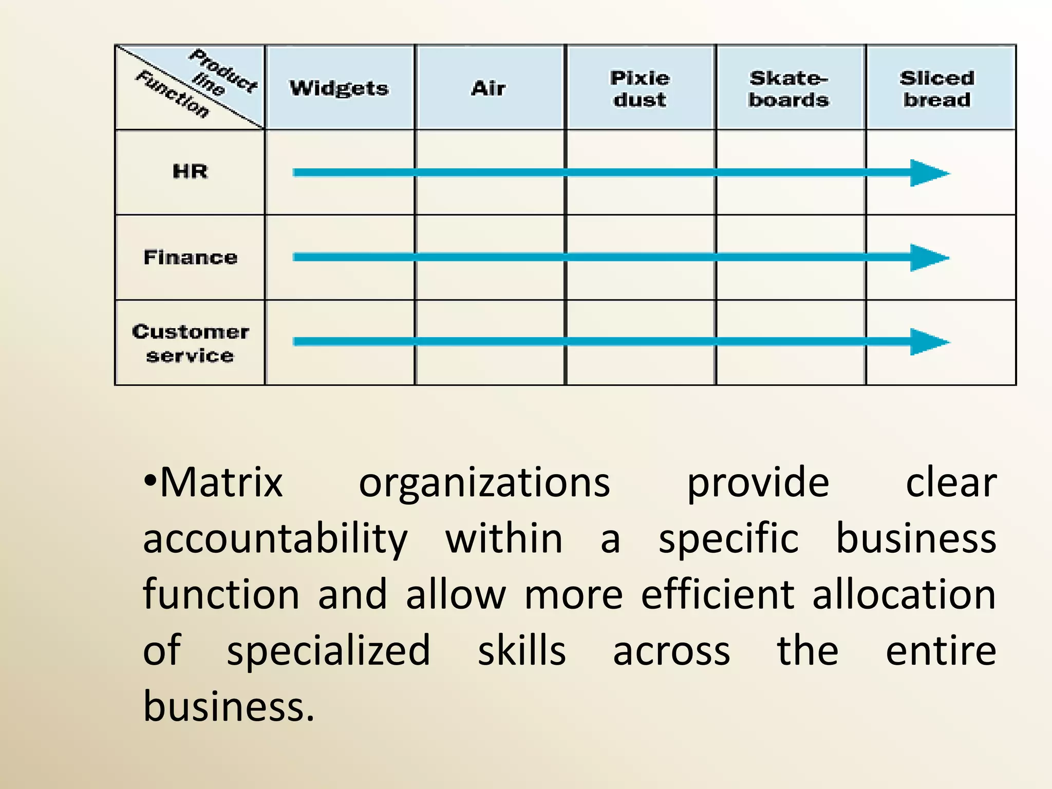 •Matrix    organizations   provide     clear
accountability within a specific business
function and allow more efficient allocation
of specialized skills across the entire
business.
 