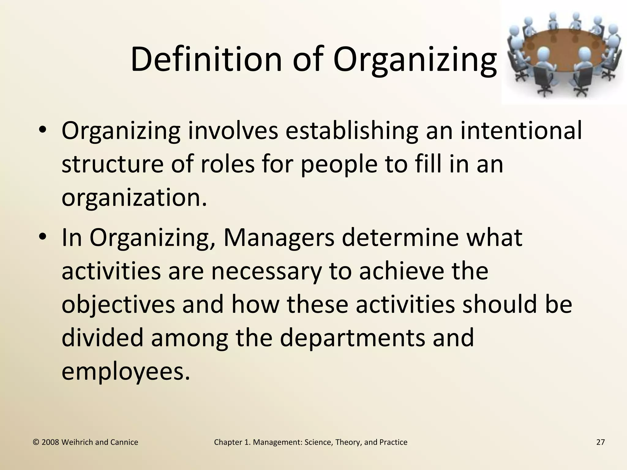 Definition of Organizing
 • Organizing involves establishing an intentional
   structure of roles for people to fill in an
   organization.
 • In Organizing, Managers determine what
   activities are necessary to achieve the
   objectives and how these activities should be
   divided among the departments and
   employees.

© 2008 Weihrich and Cannice   Chapter 1. Management: Science, Theory, and Practice   27
 