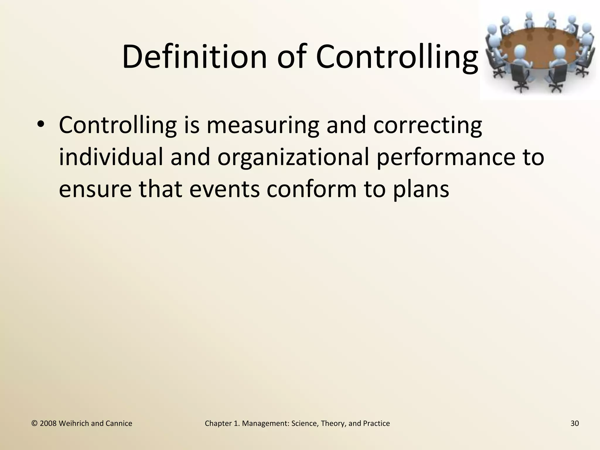 Definition of Controlling
 • Controlling is measuring and correcting
   individual and organizational performance to
   ensure that events conform to plans




© 2008 Weihrich and Cannice   Chapter 1. Management: Science, Theory, and Practice   30
 