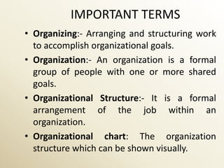 IMPORTANT TERMS
• Organizing:- Arranging and structuring work
  to accomplish organizational goals.
• Organization:- An organization is a formal
  group of people with one or more shared
  goals.
• Organizational Structure:- It is a formal
  arrangement of the job within an
  organization.
• Organizational chart: The organization
  structure which can be shown visually.
 