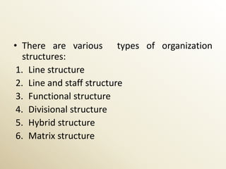 • There are various types of organization
   structures:
 1. Line structure
 2. Line and staff structure
 3. Functional structure
 4. Divisional structure
 5. Hybrid structure
 6. Matrix structure
 