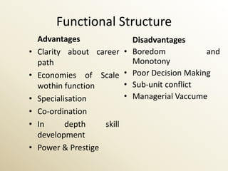 Functional Structure
    Advantages                   Disadvantages
•   Clarity about career     •   Boredom            and
    path                         Monotony
•   Economies of Scale       •   Poor Decision Making
    wothin function          •   Sub-unit conflict
•   Specialisation           •   Managerial Vaccume
•   Co-ordination
•   In      depth    skill
    development
•   Power & Prestige
 