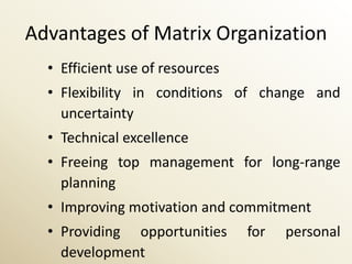 Advantages of Matrix Organization
  • Efficient use of resources
  • Flexibility in conditions of change and
    uncertainty
  • Technical excellence
  • Freeing top management for long-range
    planning
  • Improving motivation and commitment
  • Providing opportunities      for   personal
    development
 