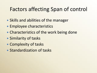 Factors affecting Span of control
 Skills and abilities of the manager
 Employee characteristics
 Characteristics of the work being done
 Similarity of tasks
 Complexity of tasks
 Standardization of tasks
 
