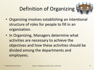 Definition of Organizing
 • Organizing involves establishing an intentional
   structure of roles for people to fill in an
   organization.
 • In Organizing, Managers determine what
   activities are necessary to achieve the
   objectives and how these activities should be
   divided among the departments and
   employees.

© 2008 Weihrich and Cannice   Chapter 1. Management: Science, Theory, and Practice   27
 